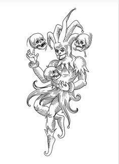 a black and white drawing of an evil clown with skulls on his head, holding a skull