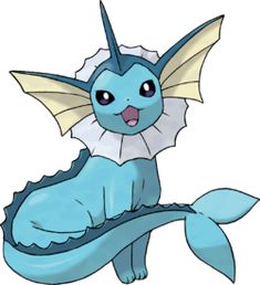 a blue and white cartoon character sitting on top of a leaf with the words vaporeon written below it