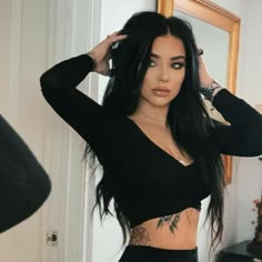 Black Hair And Tattoos, Krista Keehus, Jet Black Hair, Long Black Hair, Long Black, Hair Goals, Girl Tattoos