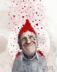 an old man with hearts on his head is smiling at the camera while surrounded by red confetti