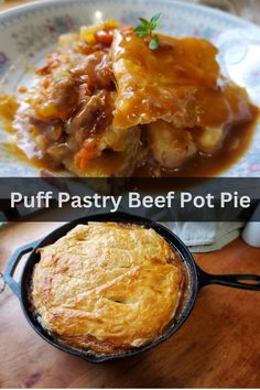 two different pictures of food on a plate and in the same photo, one is beef pot pie