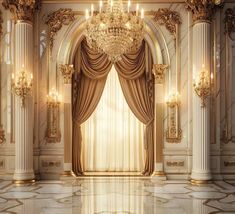 an ornate room with chandelier, curtains and marble flooring is pictured in this image