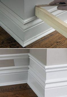 two pictures showing how to paint the base of a wall with white trim and wood flooring