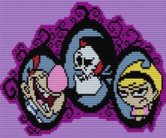 three cartoon characters are depicted in this cross stitch pattern from the video game, rugratia