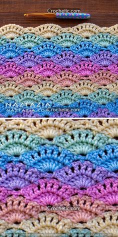 the crocheted blanket is made with yarn and has two rows of different colors