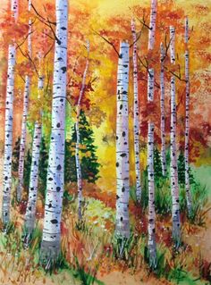 an acrylic painting of birch trees in autumn