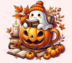 a cartoon pumpkin with a book and cup on top of it, surrounded by autumn leaves