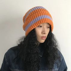 Tavimart Contrast Striped Knitted Hat for Women Winter Thickened Warm Beanies Thermal Soft Caps Fashion Brimless Ear Protection Hat Orange Beanie For Winter, Winter Orange Hat, One Size Fits Most, Winter Orange Hat, Casual Acrylic Crochet Cap, One Size Orange Winter Hat, Orange Winter Hat, Orange Knitted Beanie Hat, Orange Crochet Hat For Winter, Casual Orange Crochet Beanie Hat