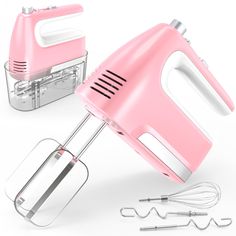 a pink hand mixer next to a whisk attachment