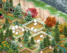 an animated farm scene with horses, sheep and trees