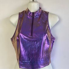 New With Tags Purple Metallic Top Mock Neck Zipper Closure Cropped Perfect For Concerts, Raves, Festivals Size Small 1c Trendy Purple Tops For Festival, Casual Metallic Sleeveless Top, Mock Neck Crop Top, Purple Metallic, Metal Fashion, Gold Top, Neck Crop Top, Color Purple, Mock Neck