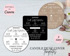 various labels for candles and candle scents on a white wooden surface with flowers in the background