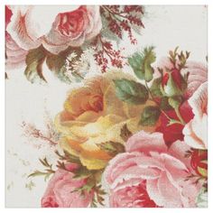 a cross stitch pattern with pink and yellow roses on white fabric, which is very detailed