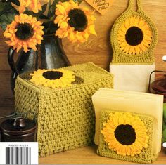 two crocheted sunflowers are on the cover of this knitting pattern,