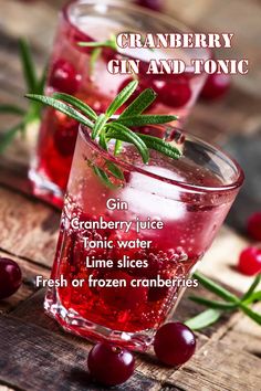 cranberry gin and tonic cocktail recipe with text on wooden table next to cherries