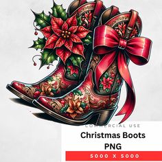 christmas boots with bows and poinsettis on them are featured in this graphic