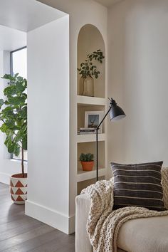 a living room filled with furniture and a potted plant on top of a shelf