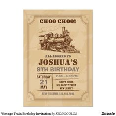 an old - fashioned birthday party card with a train on the front, and text that reads choo choo all aboard to joshua's 9th birthday