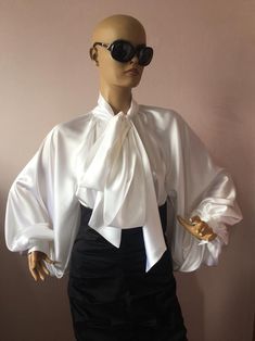 Satin Bow Blouse, Puffy Sleeves Blouse, White Satin Blouse, Puff Sleeves Blouse, Victorian Collar, Blouse Satin, Black Silk Blouse, White Silk Blouse, Satin Bluse