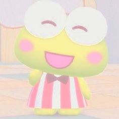 a cartoon character with big eyes wearing a pink and white striped dress