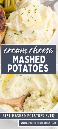 Two photos on a pin of mashed potatoes with a text box in the center with the name of the recipe on it and two text boxes at the bottom with recipe information on them. Cream Cheese Mashed Potatoes Recipe, Mashed Potatoes Recipe Cream Cheese, Cheese Mashed Potatoes Recipe, Cream Cheese Mashed Potatoes, Cheese Mashed Potatoes, Best Mashed Potatoes, Mashed Potatoes Recipe, Diy Easy Recipes, Best Thanksgiving Recipes