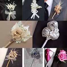 many different types of boutonnieres are shown in this collage with flowers and pearls