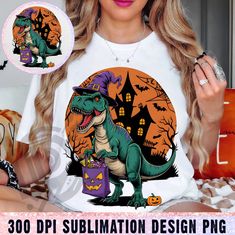 a woman wearing a halloween t - shirt with an image of a dinosaur