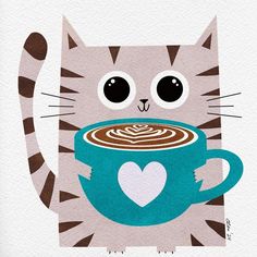 a cat holding a cup of coffee with its paw in the shape of a heart