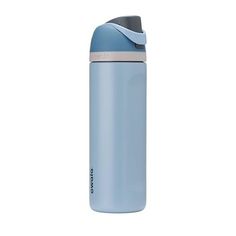 thermos stainless steel water bottle is light blue and has a grey lid with a white stripe