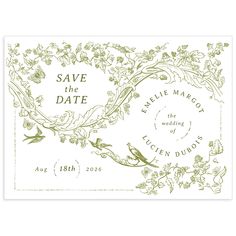 save the date card with birds and flowers