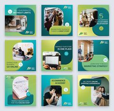 six square brochures with green and blue accents, including one woman talking on the phone