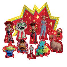 the toy story characters are on display in front of a star shaped card with red and yellow stars