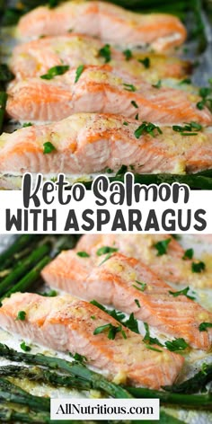 salmon and asparagus on a baking sheet with the words keto salmon with asparagus