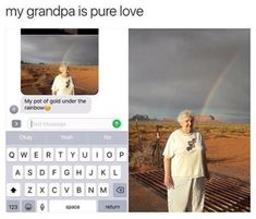 an old woman standing in front of a rainbow