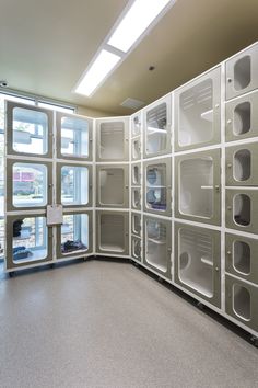 an empty room with lots of glass blocks on the wall and windows in the center