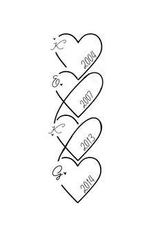 three hearts with the words love written on them in cursive writing, as well as an arrow