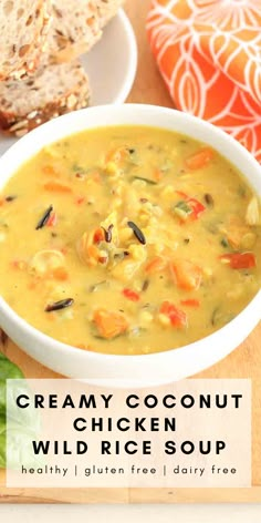 a bowl of creamy chicken wild rice soup. Wild Rice Soup Healthy, Dairy Free Soup Recipe, Creamy Coconut Chicken, Chili Recipe Stovetop, Chicken Wild Rice, Recipe Crockpot, Chicken Wild Rice Soup, Creamy Chicken And Rice, Coconut Milk Soup