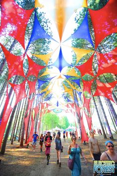 many people are walking through the trees with red and blue flags hanging from it's sides