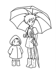 a black and white drawing of a woman holding an umbrella next to a child