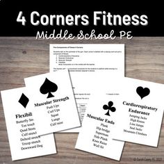 four corners fitness middle school pe cards with the words middle school pe in black and white