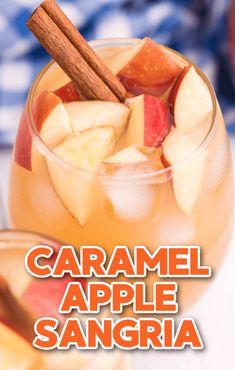 an image of caramel apple sangria in a glass with cinnamon garnish