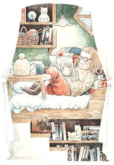 a drawing of an old man reading in bed with his cat on the side and bookshelf behind him