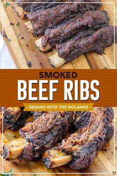 smoked beef ribs on a cutting board with text overlay