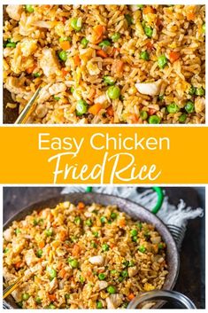 chicken fried rice in a skillet with peas and carrots on the side, next to another image