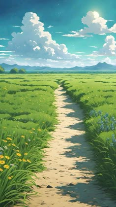 a painting of a dirt road in the middle of a green field with yellow flowers