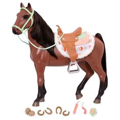 a toy horse is shown with accessories around it