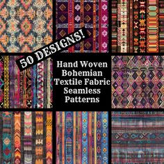 the cover of 50 designs hand woven bohemian textile fabric seamless patterns, with different colors and sizes