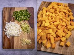 two pictures side by side showing chopped vegetables and diced cheese