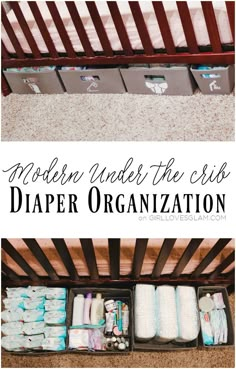 a baby crib with diaper organization in it