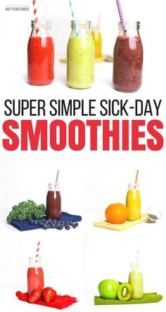 six smoothies in mason jars with the words super simple sick - day smoothies